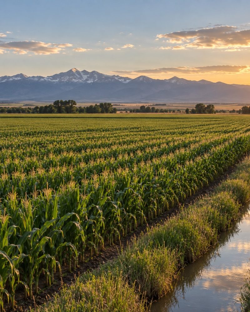 Irrigated Colorado cropland with the Front Range in the distance