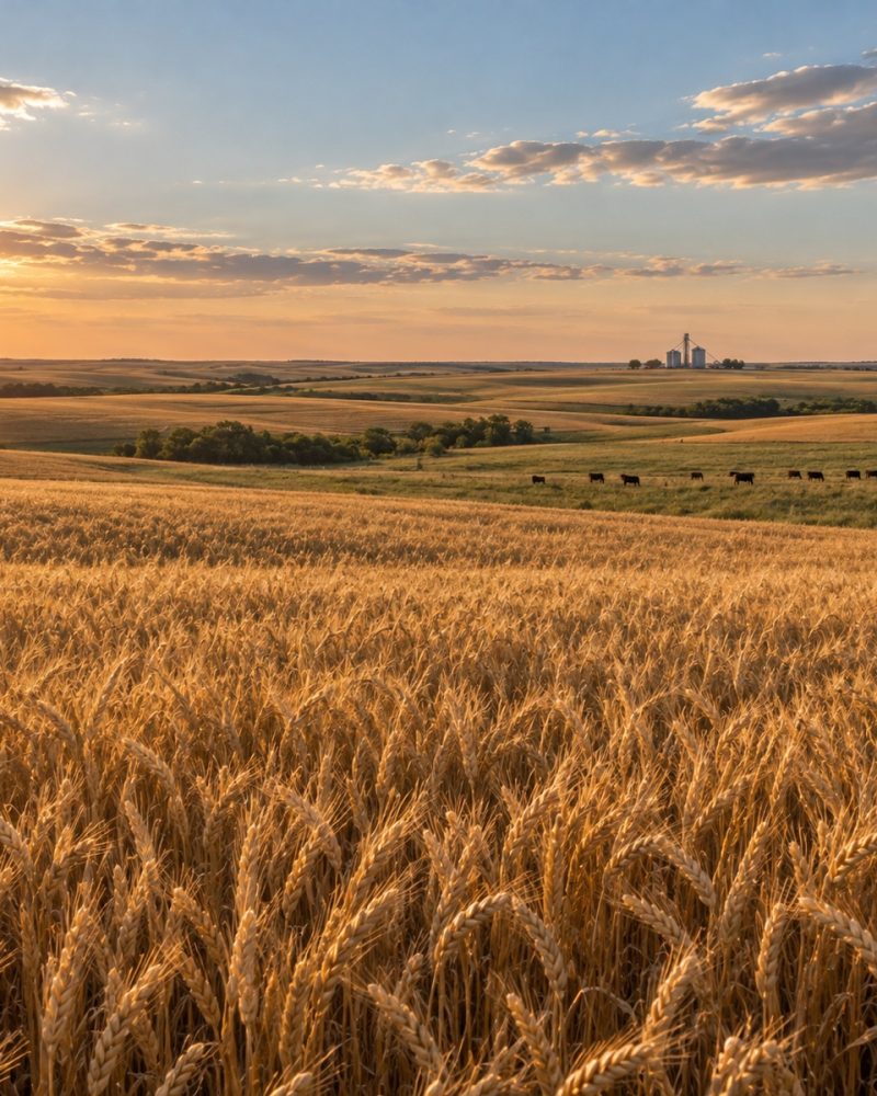 Golden Kansas wheat fields in warm evening light