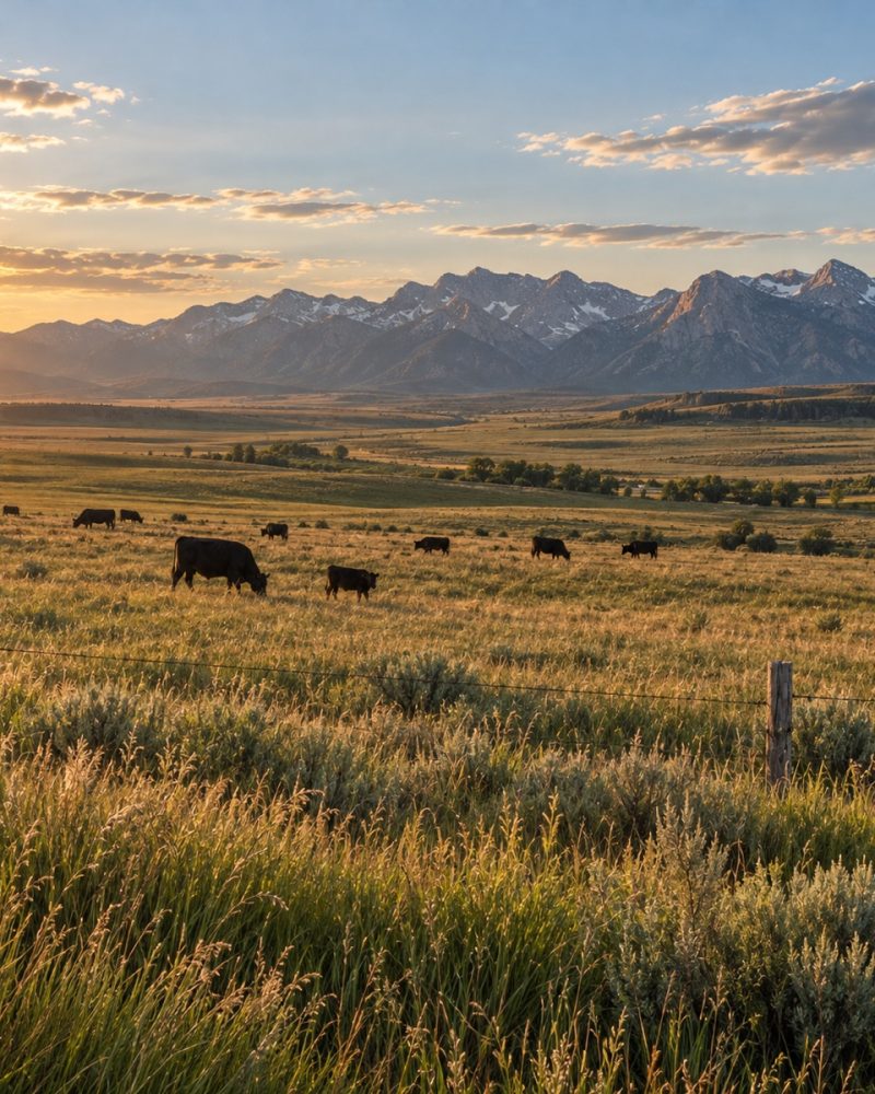 Cattle grazing below Montana mountain ranges