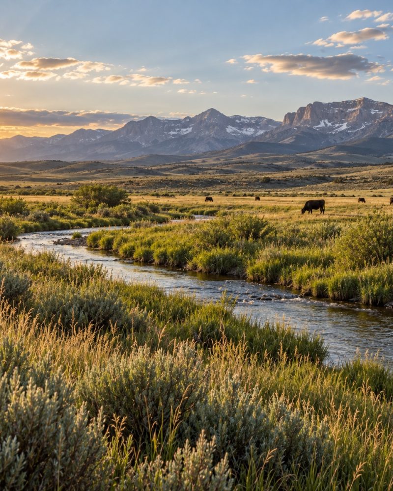 Wyoming ranchland with a winding creek and mountain range